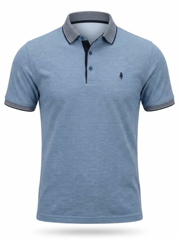 Polo homme à col rayé et marque brodée, fermeture à bouton. Les manches comportent des rayures qui contrastent avec les rayures plus fines du tissu.