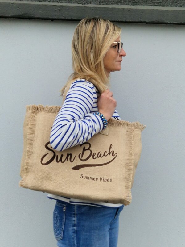 sac de plage sun beach vert beige très spacieux avec frange, idéal pour l'été.