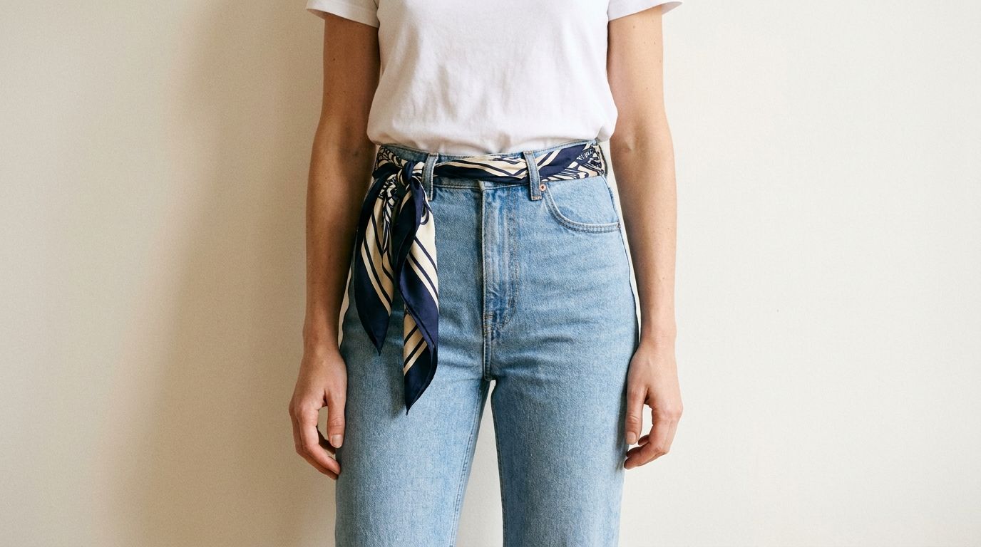 Sur la silhouette : ceinture, anse de sac, t-shirt — foulard
